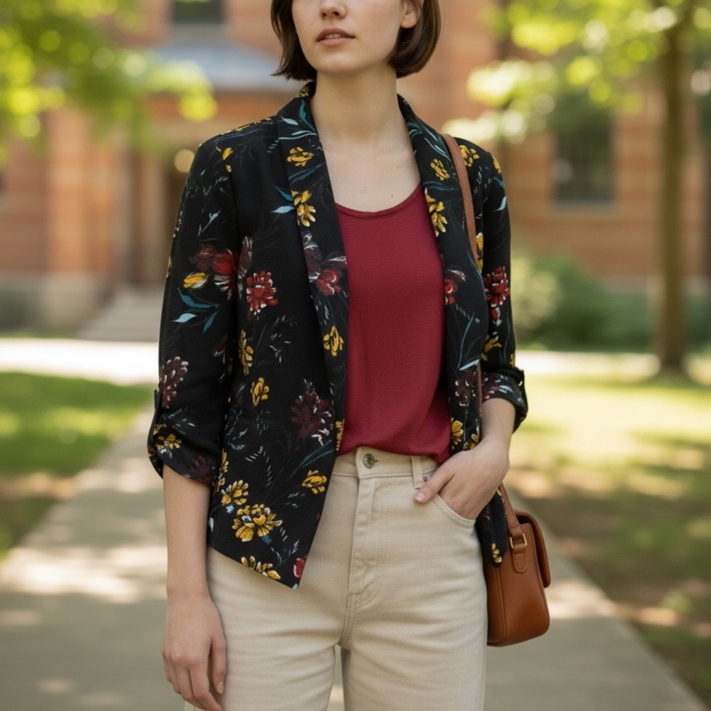Maurices Black Floral Blazer with autumn floral design three quarter sleeve med